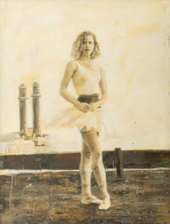 „Stehende Ballerina“, zeitgenössisches Ölgemälde auf Holztafel, gerahmt, 2001