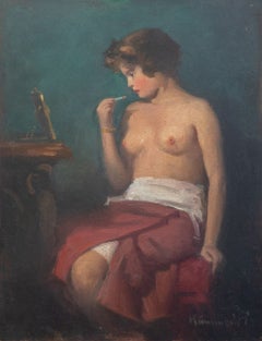 Nude Woman Applying Lipstick, Oil on Board, Early 20th Century