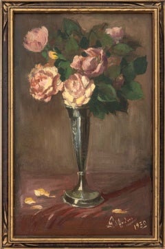 Illegibly Signed, Still Life of Roses, Oil Painting on Panel, 1930