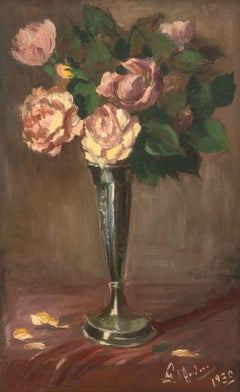 Illegibly Signed, Still Life of Roses, Oil Painting on Panel, 1930