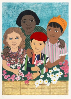"Children With Flowers", Signed Lithograph in Colors