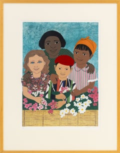 "Children With Flowers", Signed Lithograph in Colors
