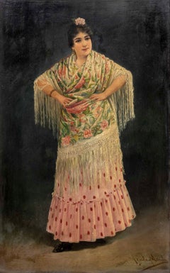 Portrait of a Spanish Woman Wearing a Floral Print Dress, Oil on Panel