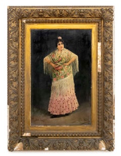 Portrait of a Spanish Woman Wearing a Floral Print Dress, Oil on Panel