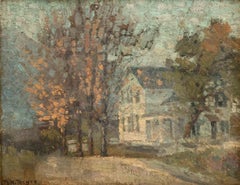 Autumn Landscape Scene with White House, Signed Oil Painting on Canvas Panel