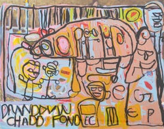 Abstract Figural Scene, Acrylic on Lithograph in Colors