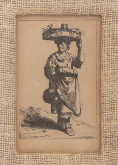 "Woman Holding a Basket", Old Masters Etching, 17th Century
