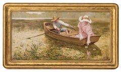 (Untitled) Rowing on the River Scene, Oil on Canvas