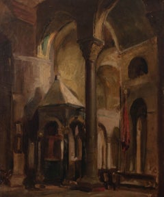 Italian Church Interior Oil on Canvas, 19th Century