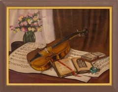 20th Century School, Violin Still Life, Oil on Canvas