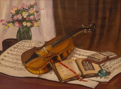 20th Century School, Violin Still Life, Oil on Canvas
