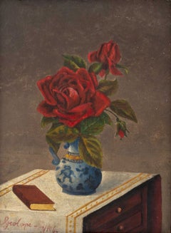 Still Life Scene of Red Roses, Oil on Canvas, Signed, 1906