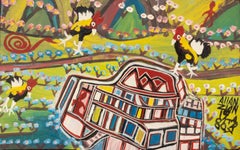 "Three Roosters", Signed Oil Painting on Masonite Panel