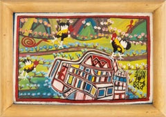 "Three Roosters", Signed Oil Painting on Masonite Panel