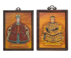 Pair of Chinese Ancestor Portraits Reverse Glass Paintings