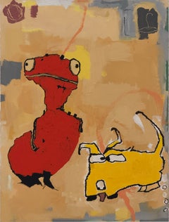 Strays - outsider art painting, unusual animals, 32 x 24, by Scott Harbison