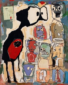 Host of Characters: Outider art painting on wood, whimsical figure, faces