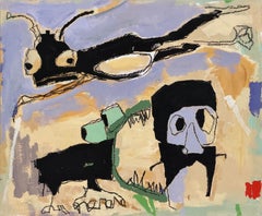 Whimsical, Outsider Art Painting on Wood Panel, Animals, Symbols