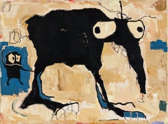 Whimsical, Outsider Art Painting on Canvas, Animals, Symbols