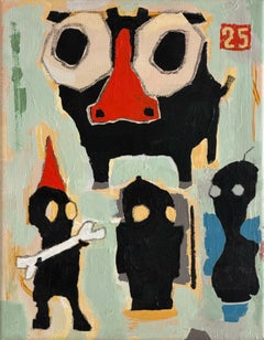 Whimsical, Outsider Art Painting on Canvas, Animals, Symbols