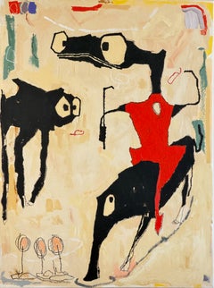 Peinture fantaisiste et d'art outsider sur toile, animaux, symboles