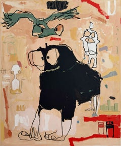 Peinture fantaisiste et d'art outsider sur toile, animaux, symboles