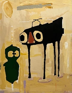 Peinture fantaisiste et d'art outsider sur panneau dur, animaux, symboles