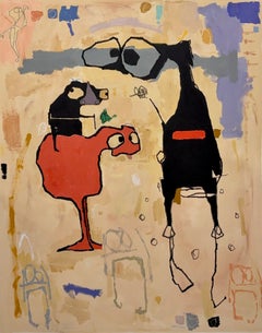 Peinture fantaisiste et d'art outsider sur toile, animaux, symboles