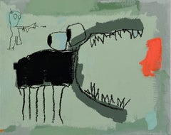 Peinture fantaisiste d'art outsider sur panneau de bois, animaux, symboles
