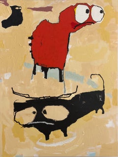 Whimsical, Outsider Art Painting on Hardboard, Animals, Symbols