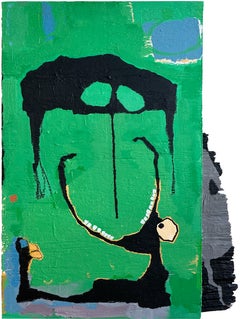 Peinture fantaisiste et d'art outsider sur bois, animaux, symboles