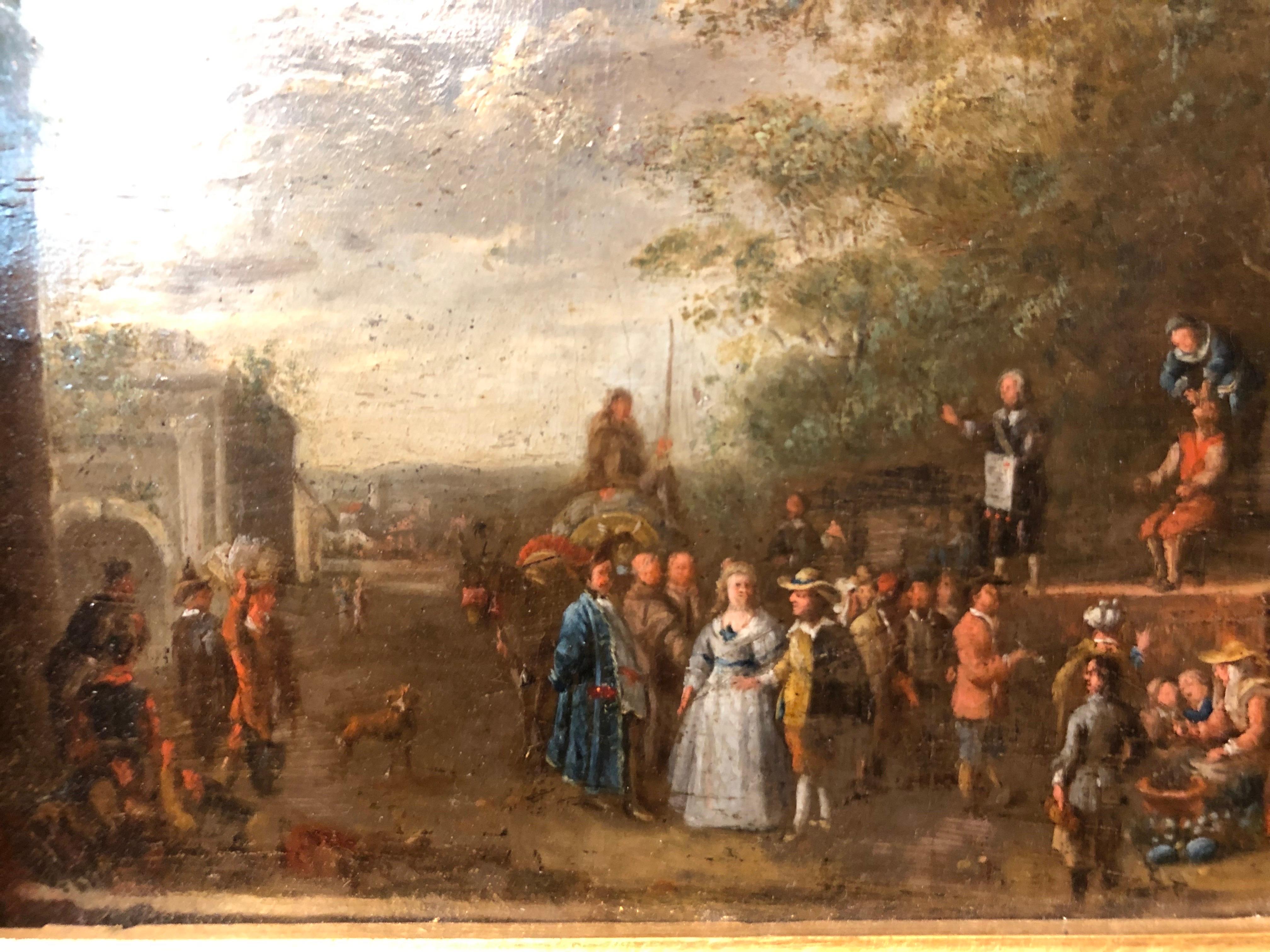 Scene of Genre Comedy of Arts in the Square Flemish Oil Painting on Copper 1650 For Sale 8