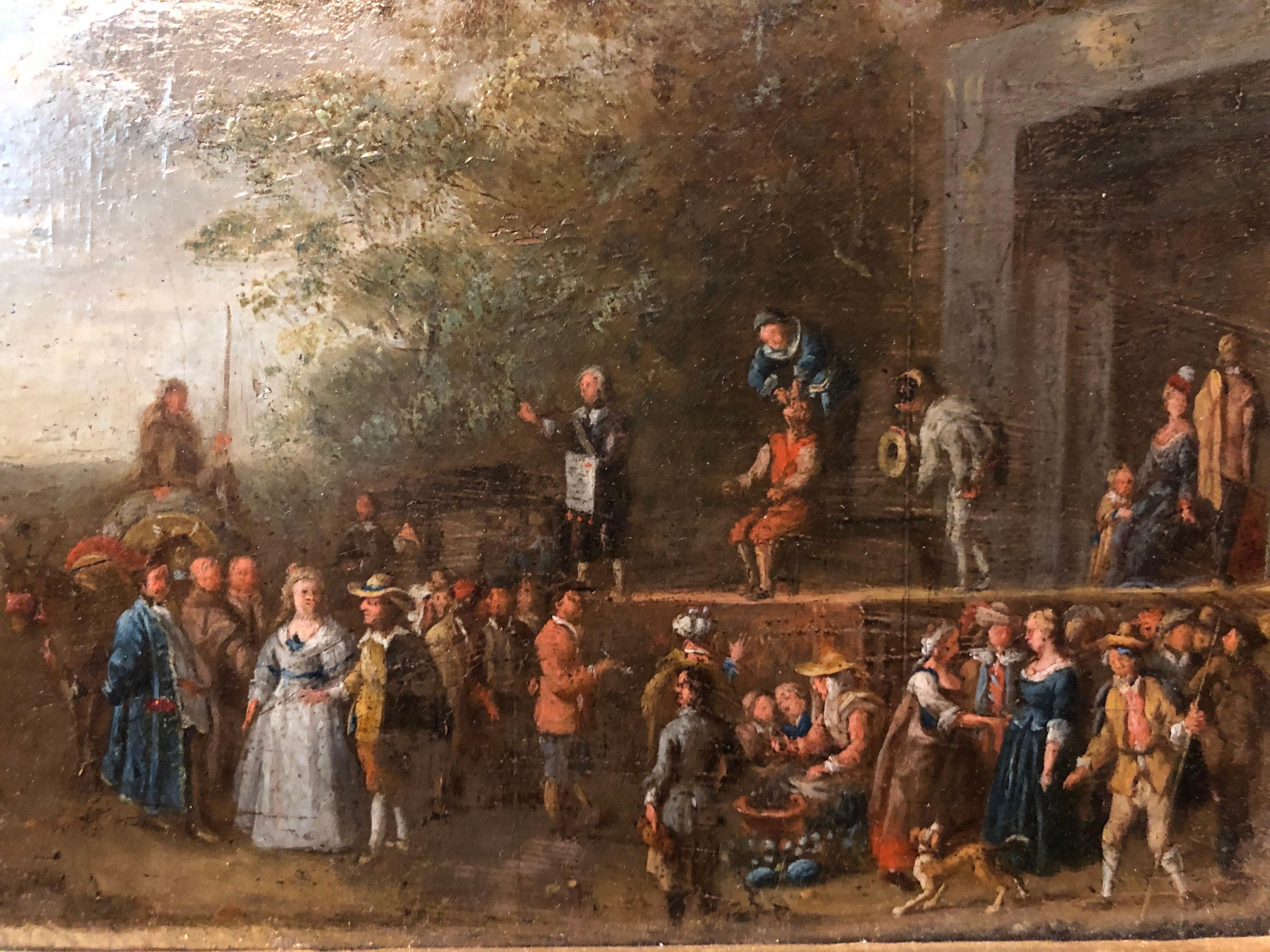 Scene of Genre Comedy of Arts in the Square Flemish Oil Painting on Copper 1650 For Sale 7