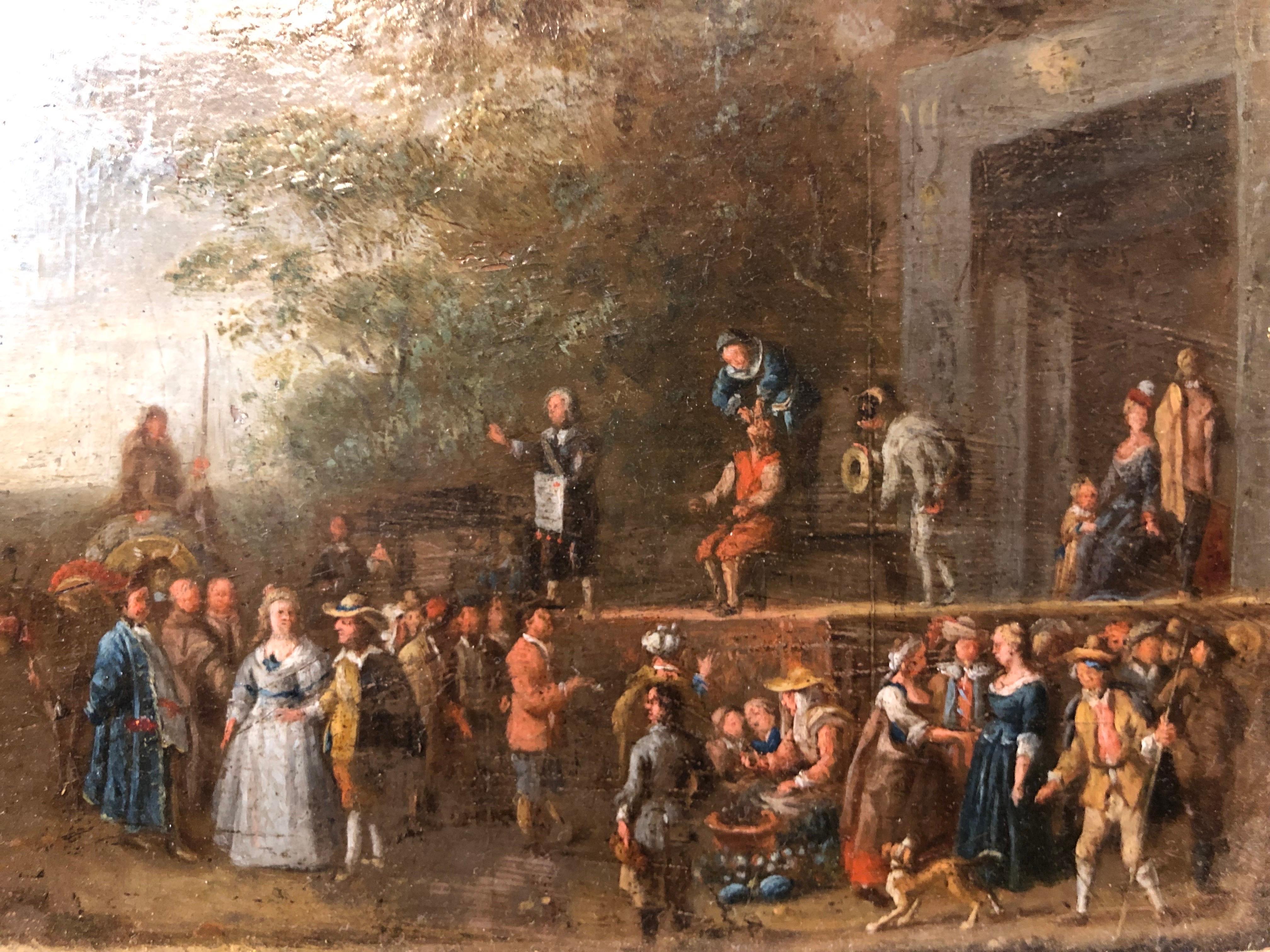 Scene of Genre Comedy of Arts in the Square Flemish Oil Painting on Copper 1650 For Sale 9