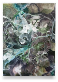 Peinture abstraite contemporaine représentant une forêt, « Into the Woods We Go » : marron, verts, bleu