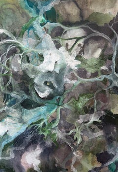 Peinture abstraite contemporaine représentant une forêt, « Into the Woods We Go » : marron, verts, bleu