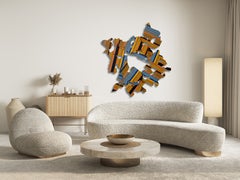 Collage contemporaneo arancione e blu, scultura da parete astratta geometrica