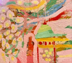 « Petit temple vert », huile sur toile contemporaine, encadrée, 70 x 80 cm