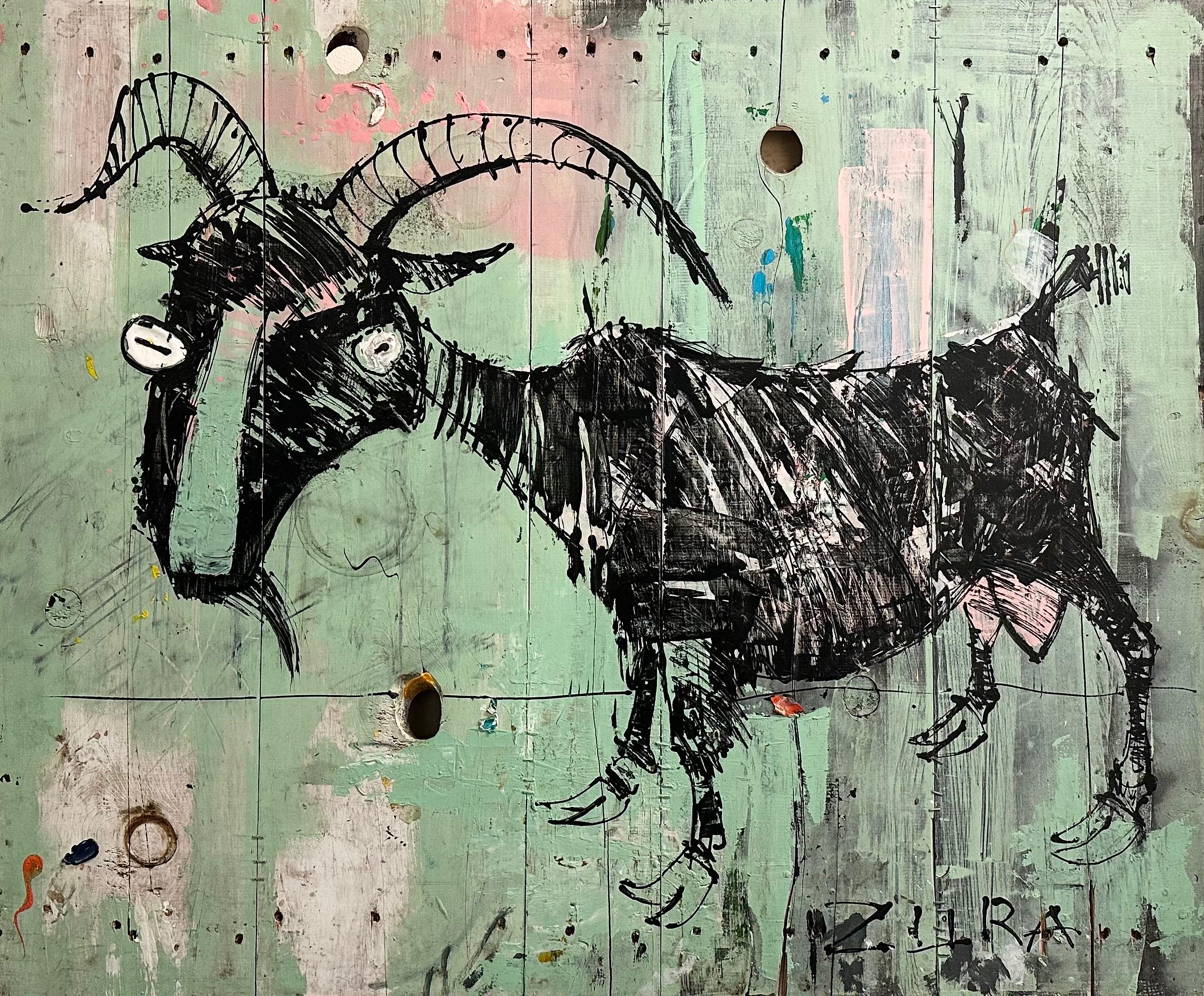 Goat – Modern Animal Painting on Wooden Fences by Zura