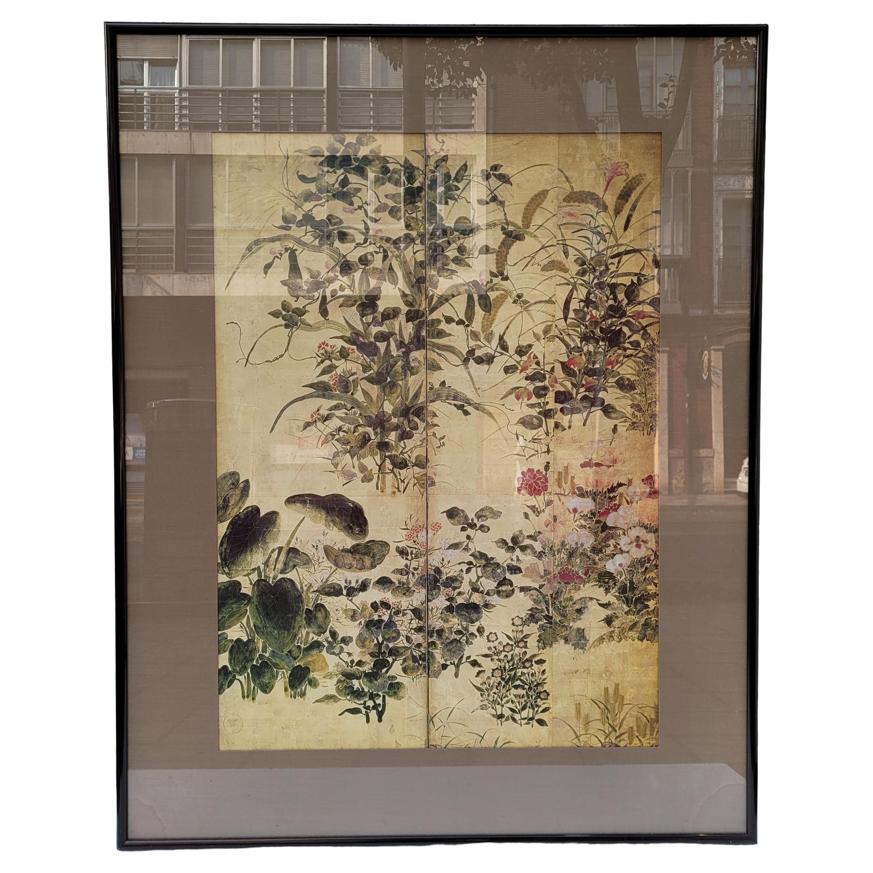 Unknown Figurative Print - Japanese print on paper, fragment of a screen, Summer and Autumn Flowers  Tawara