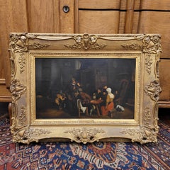 Huile sur bois, école baroque néerlandaise, cadre d'époque « Scène d'intérieur »