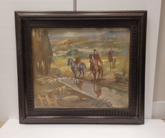 Spanish art deco Tempera on cardboard signed by Pedro Mozos, Hunting scene