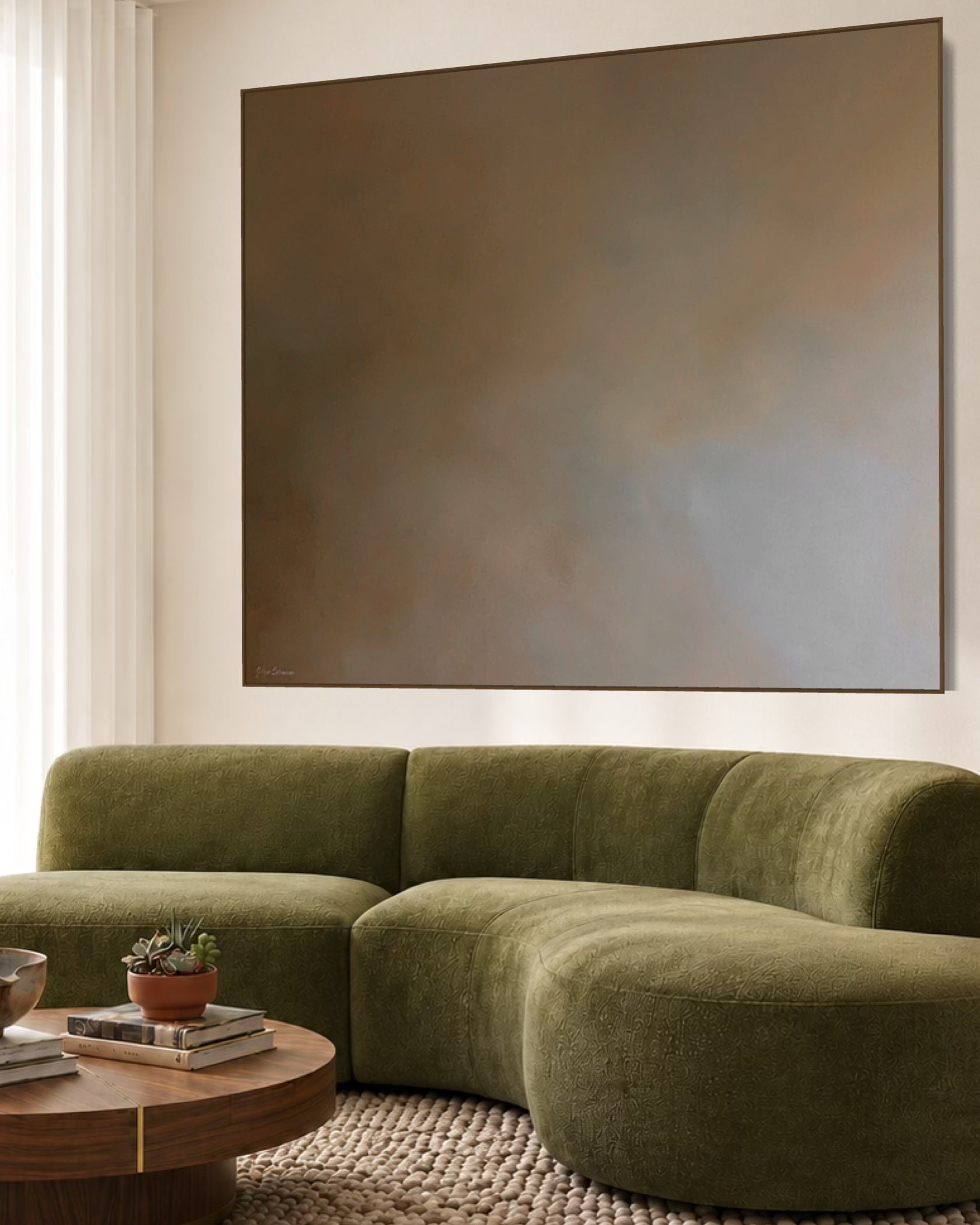 This painting is unstretched and unframed. It will be carefully rolled and shipped in a tube.
 "Creating large-scale abstract paintings that evoke tranquility and presence in any space." Gabriela Azar Schreiner is an Argentinian-born Australian