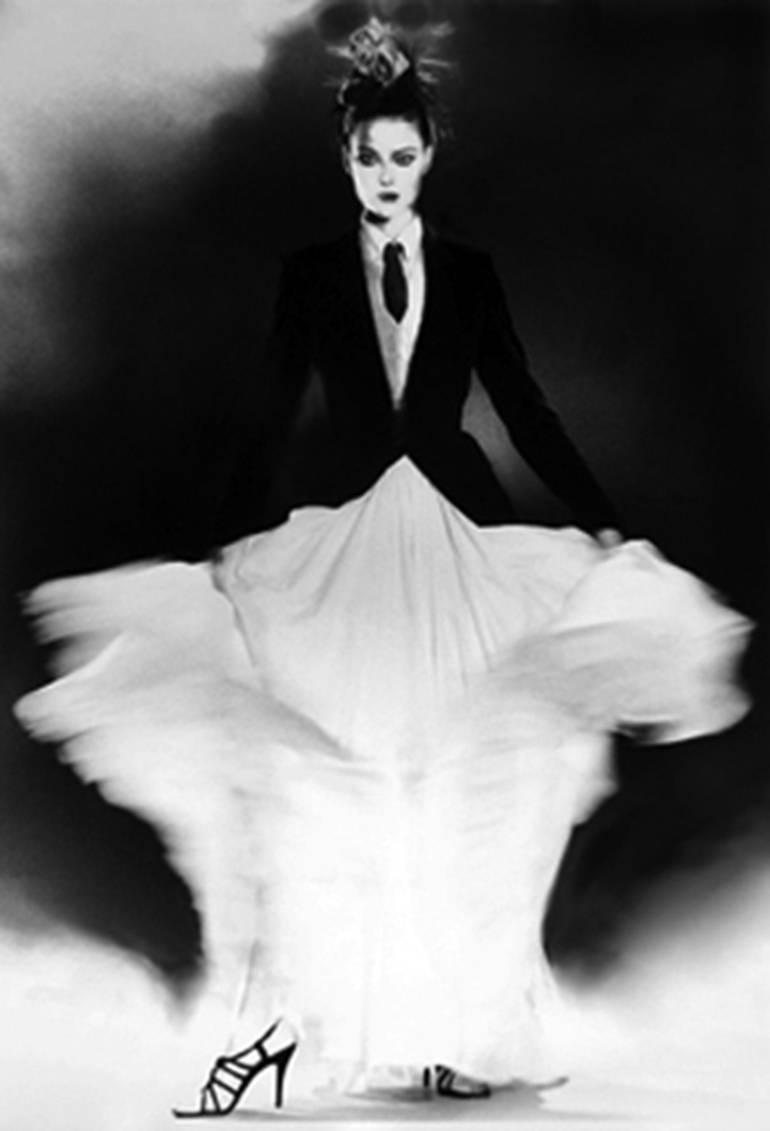 Lillian Bassman Black and White Photograph - In Full Swing: Shalom Harlow in Jean Paul Gaultier, The NYT Magazine, 1998