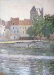 Antique View of Vernon, Normandy, France, Early American Impressionist painting