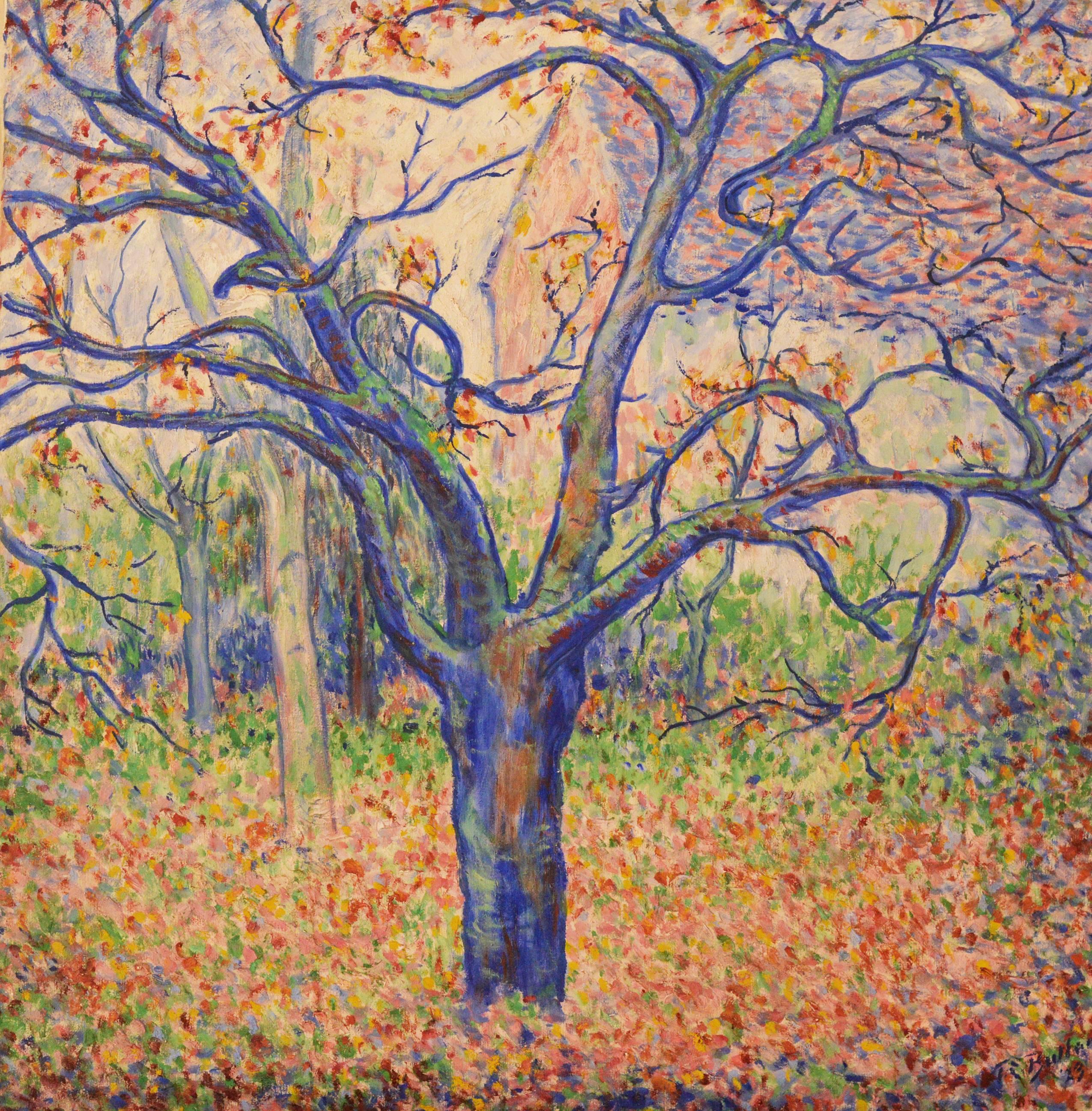 Theodore Earl Butler Landscape Painting - Blue Tree in Fall, Butler's garden in Giverny