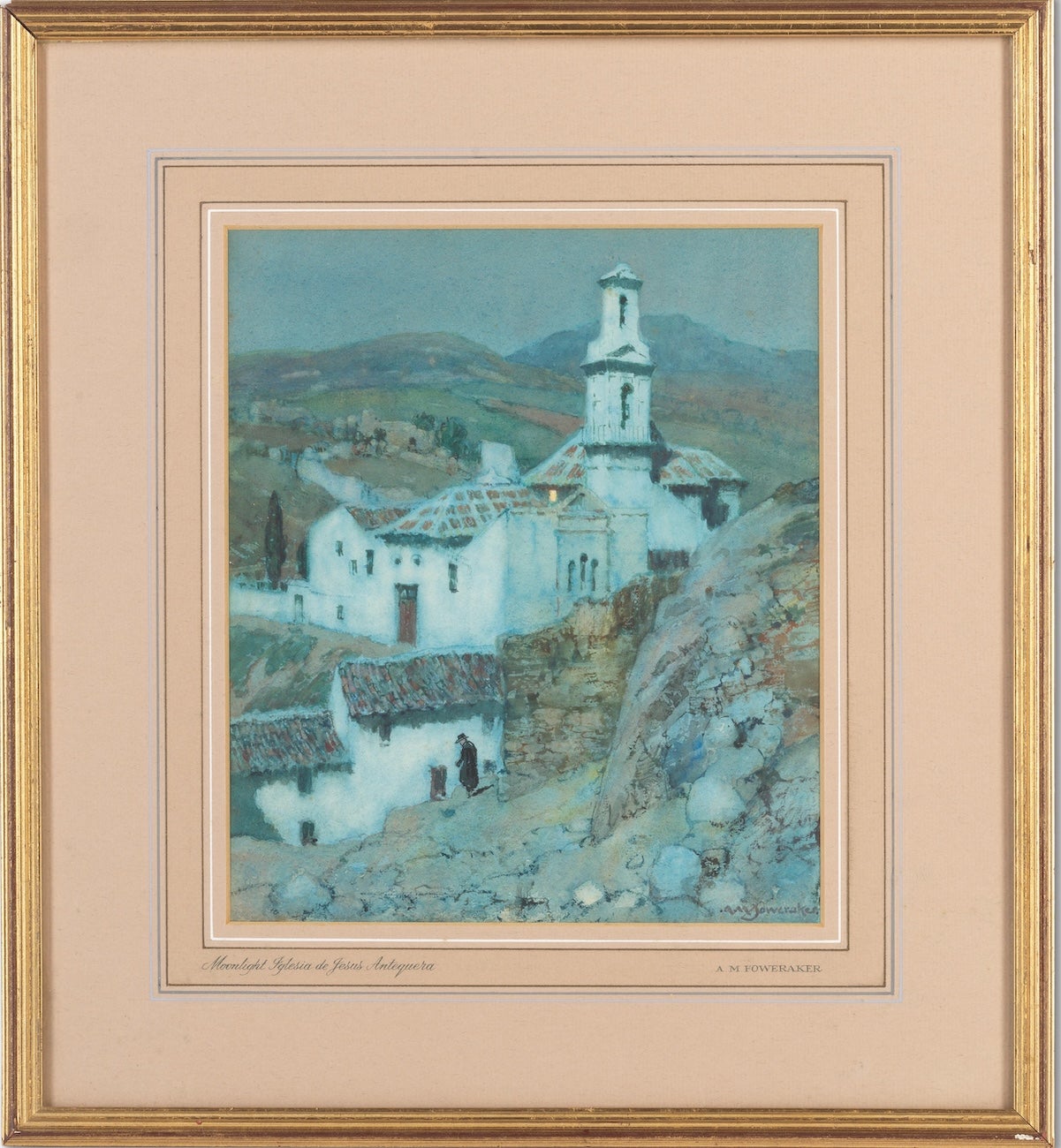 ALBERT MOULTON FOWERAKER Landscape Art - 'Moonlight, Iglesia de Jesus Antequera' watercolour by Albert Moulton Foweraker