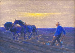 'Farmer Ploughing a Field' pastel but a Dutch Post-Impressionism artist