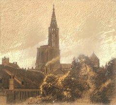 'View of Strasbourg Cathedral' pastel on paper by Georges Ritleng