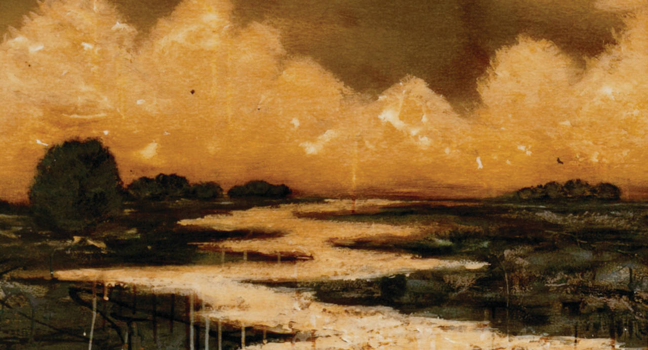 A sky of sepia brown and ochre with rising cumulus clouds presses down on a sparse landscape of rivers leaking between charcoal trees in this seven feet long painting on wood.  Louis-Seize uses tar, acid, acrylic paint to create a moody landscape